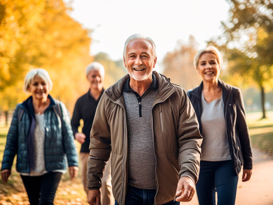 Group of friends out for a walk enjoying the fall weather.